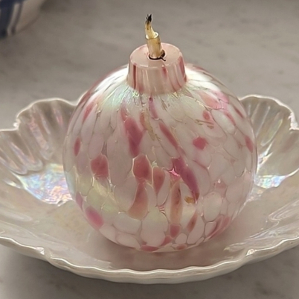Set handblown Mottled Iridescent Round Glass Oil Lamp & irred. underplate